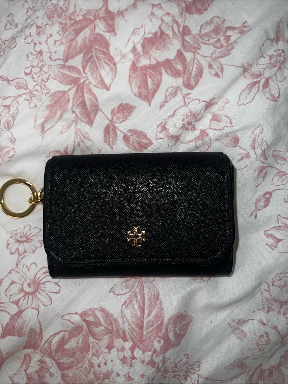 Tory Burch Black Saffiano Leather Keyring Card Case with Gold Logo